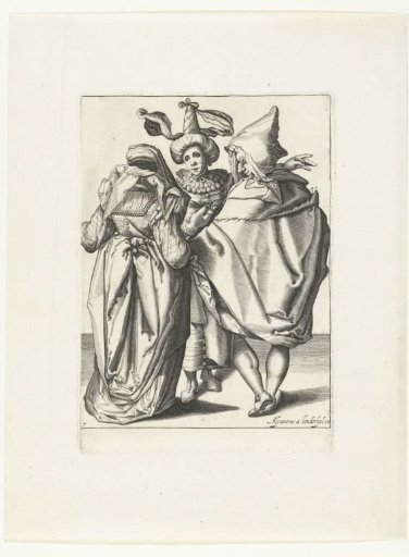 A festively dressed woman, a man in a cape, and a masked young man extending his left arm