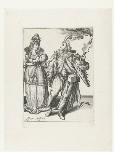 A masked woman led away by a masked man with a torch