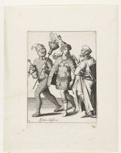 Three masked figures, one of them with a broom in which taper candles have been stuck