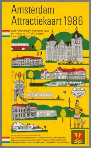 Amsterdam Attraction Map 1986. Experience Amsterdam by tram, bus, and metro in 1, 2, or 3 days visiting 10 attractions