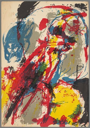 Composition in black, gray, yellow, red, and blue