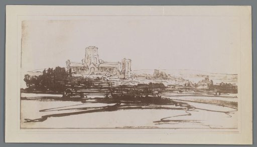 Photographic reproduction of a drawn landscape with a church by Rembrandt van Rijn