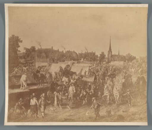 Photographic reproduction of the left half of the painting The Princes Maurice and Frederick Henry of Orange at the Horse Market in Valkenburg by Adriaen van de Venne