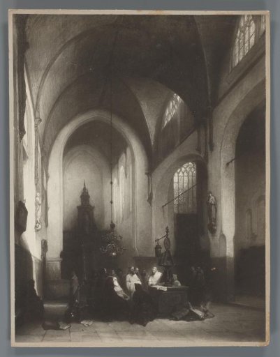 Photographic reproduction of a painting of a service in a monastery church by Johannes Bosboom