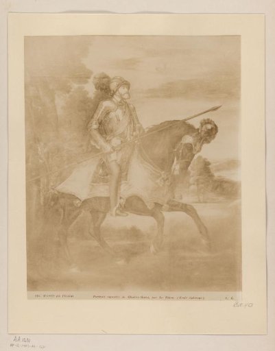 Photographic reproduction of a painted equestrian portrait of Emperor Charles V by Titian