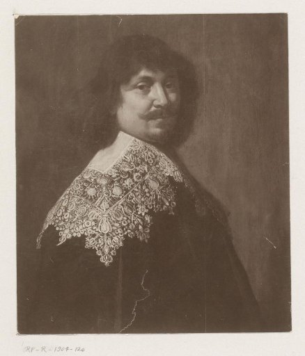 Photographic reproduction of a painted portrait of an unknown man with a lace collar, possibly René Descartes