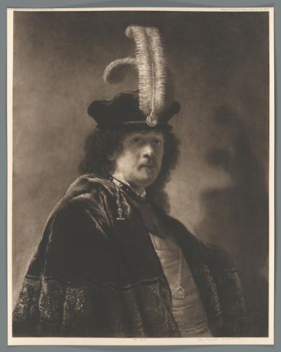 Reproduction of a painted self-portrait with a plumed hat by Rembrandt van Rijn