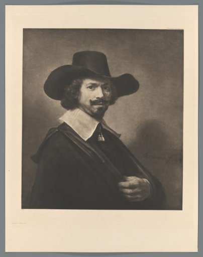 Reproduction of a painted portrait of a man with a hat by Rembrandt van Rijn