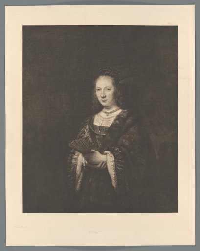 Reproduction of a painted portrait of an unknown woman with a fan by Rembrandt van Rijn