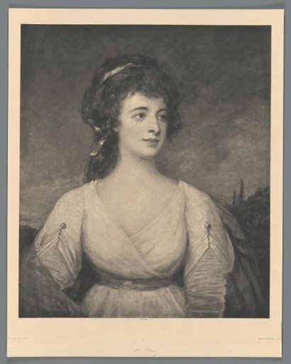 Reproduction of a painted portrait of a woman, possibly Mrs. Long, by George Romney