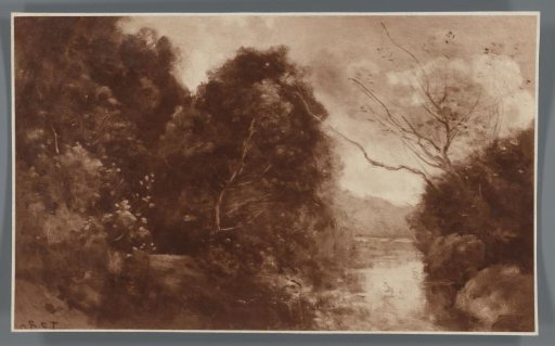 Photographic reproduction of the painting Pond in the Woods by Camille Corot