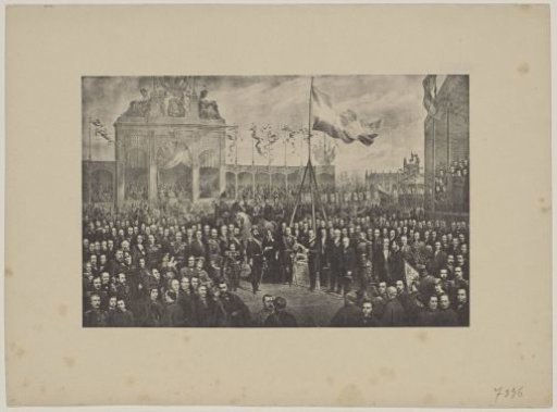 Reproduction of the print of the laying of the first stone by King William III for the National Monument in Willemspark, 1863