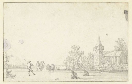 Frozen river with skaters near a church