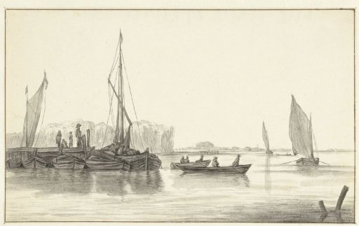 River landscape with a landing stage and boats