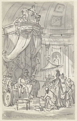 A ruler on his throne receives a woman and her retinue