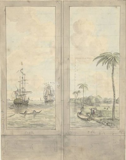 Design for Two Wall Panels: River with Ships in the Colonies