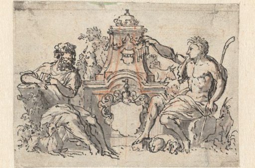 Two shepherds sitting before a monument with a coat of arms