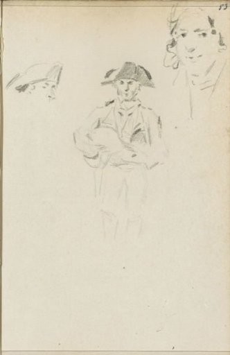 Man playing an instrument and two male heads