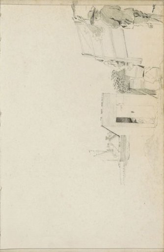 Study sheet, including a fence, barrels, sheaves of grain, and figures