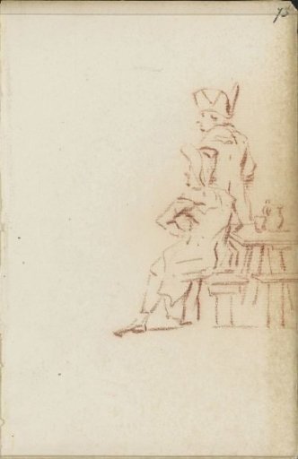 Two costumed figures at a table