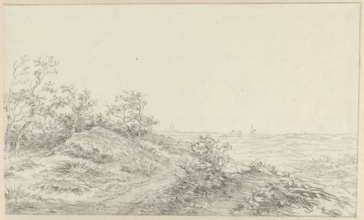 Dune landscape with a mill and spire in the distance