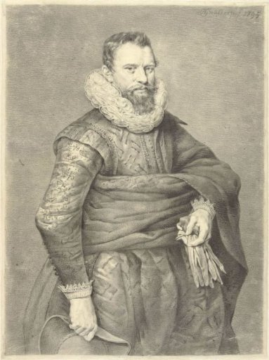 Portrait of a man with gloves and hat in his hand, facing right