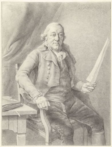 Portrait of Reinier Vinkeles I, seated in a chair with a sheet of paper in his hand