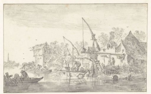 River View with a Landing Stage and Cranes