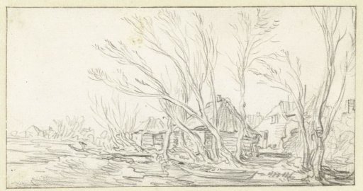 Landscape with Crooked Bare Trees in Front of Farmhouses