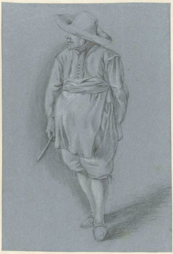 Man in 17th-century costume with hat, apron and knife