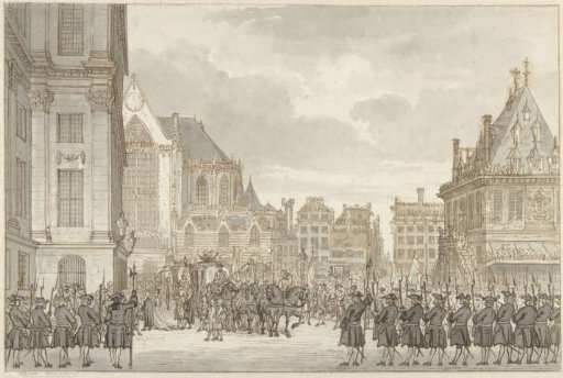 Arrival of Prince William V and Frederica Sophia Wilhelmina of Prussia at the Town Hall on the Dam in Amsterdam, 30 May 1768
