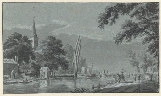 A Village by a Canal with a Raised Bridge