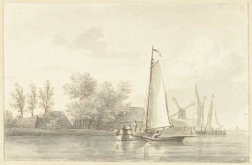 River view with sailing ship and rowboat