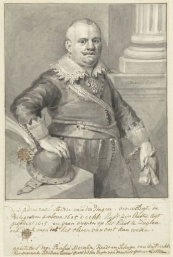 Portrait of Admiral Steven van der Hagen or Olivier van Noort, standing by a table with a helmet