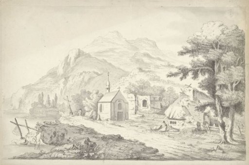 Mountain landscape with a chapel by a lake