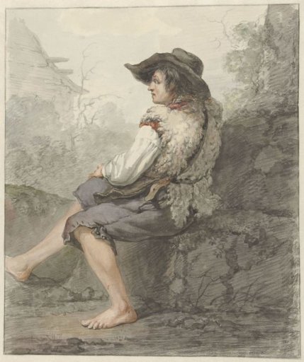 Seated boy with hat and sheepskin, to the left