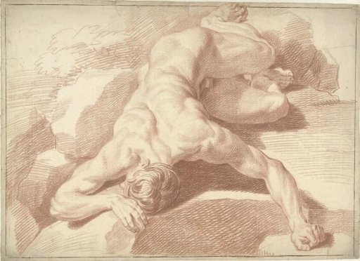 Male nude, lying on the stomach, foreshortened