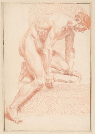 Male nude, kneeling on one knee, to the right