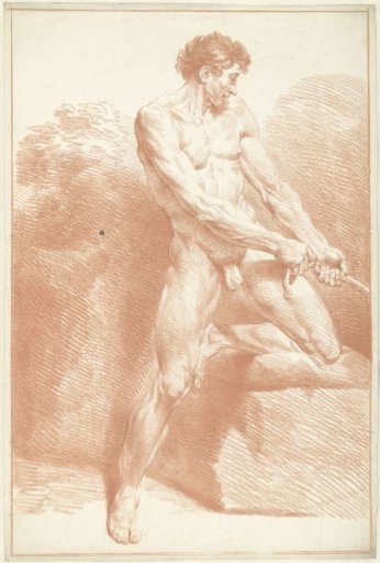 Male nude, standing, pulling on a rope