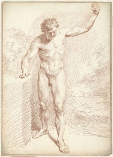 Male nude, standing, left arm raised