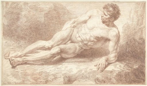 Male nude, lying on the side, resting on the left arm