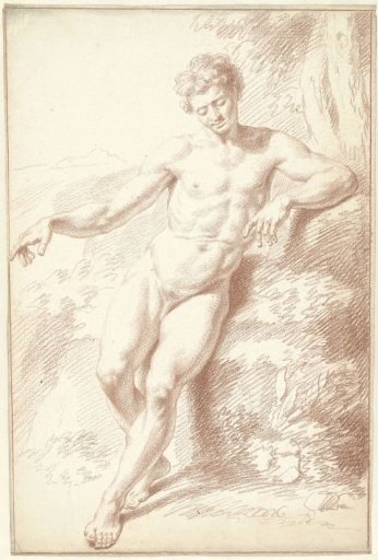 Male nude, standing, leaning on the left arm