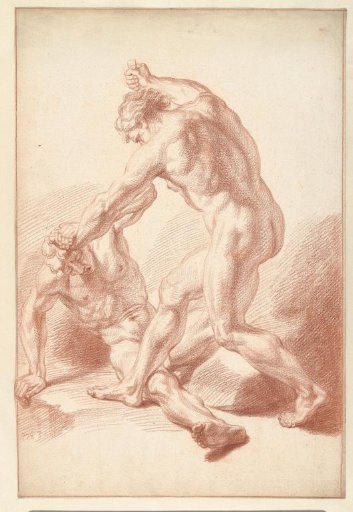 Two naked men fighting