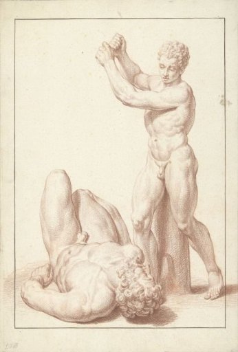 Statue of a boy with raised arms beside a reclining bearded man