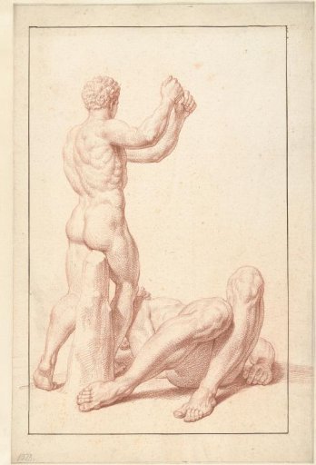 Statue of a boy with raised arms, seen from behind, beside a reclining bearded man