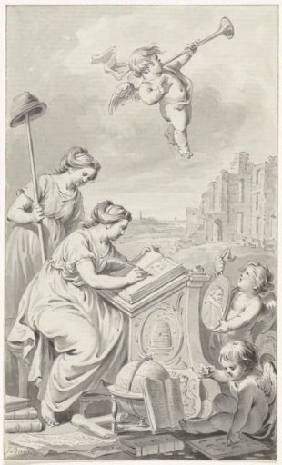 History writing at a desk, with Liberty and Fame