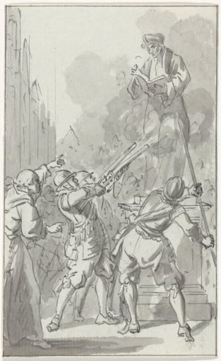 The statue of Erasmus in Rotterdam shelled by the Spaniards, 1572