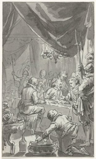 Meal of officers in a tent in a camp, at evening