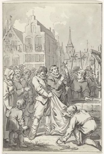 Preacher Johannes Florianus in Brussels bound in a sack as a heretic and thrown into a pit, 1585