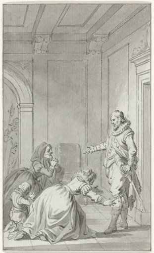 Two women and a child, kneeling and begging before a gentleman